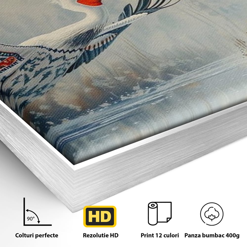 Detaliu al suprafetei: tablou canvas cu pelican in zbor, in rama de aluminiu argintiu