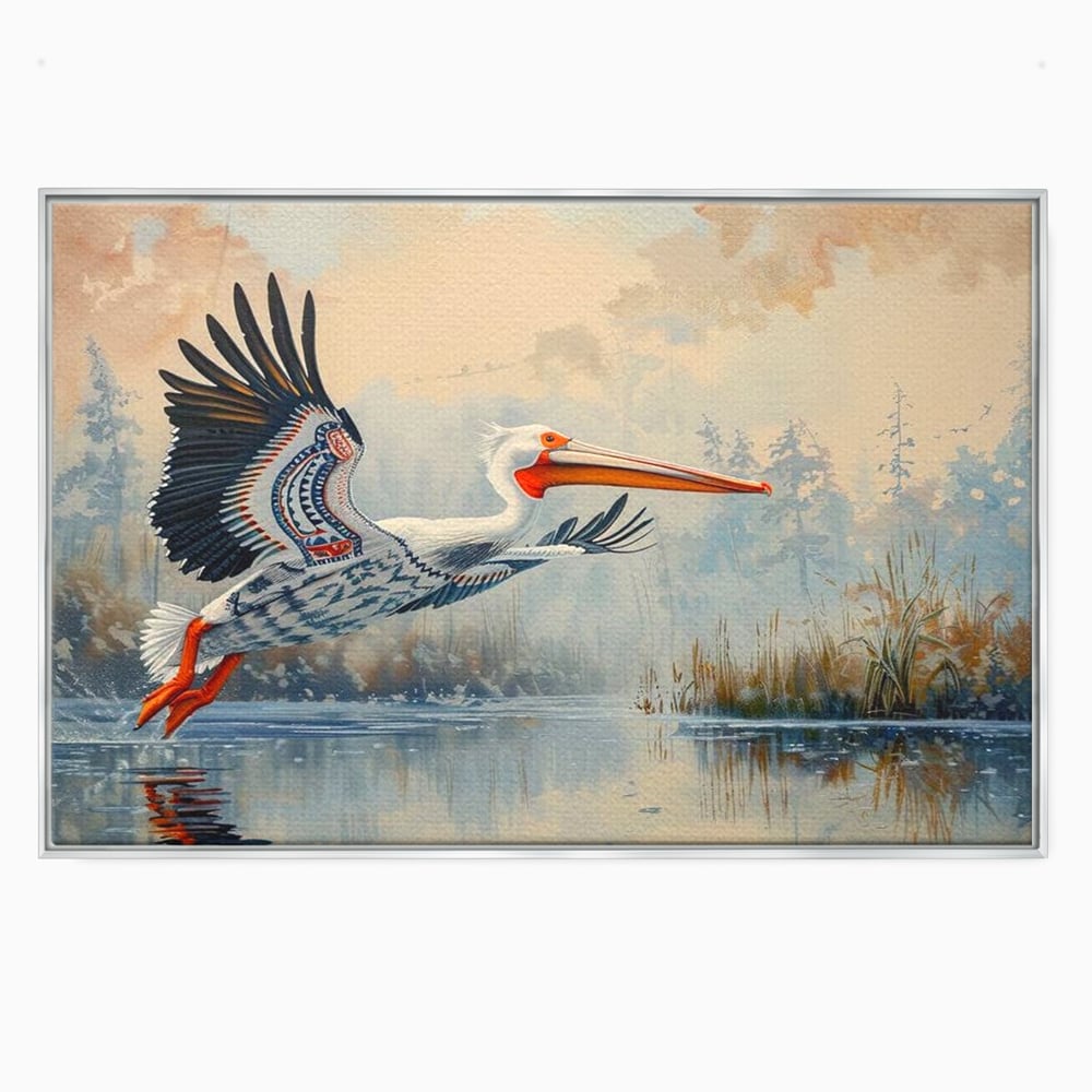 Tablou canvas cu tablou canvas cu pelican in zbor, in rama de aluminiu argintiu