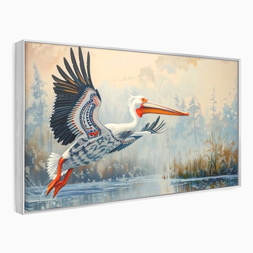 Tablou canvas cu tablou canvas cu pelican in zbor, in rama de aluminiu argintiu