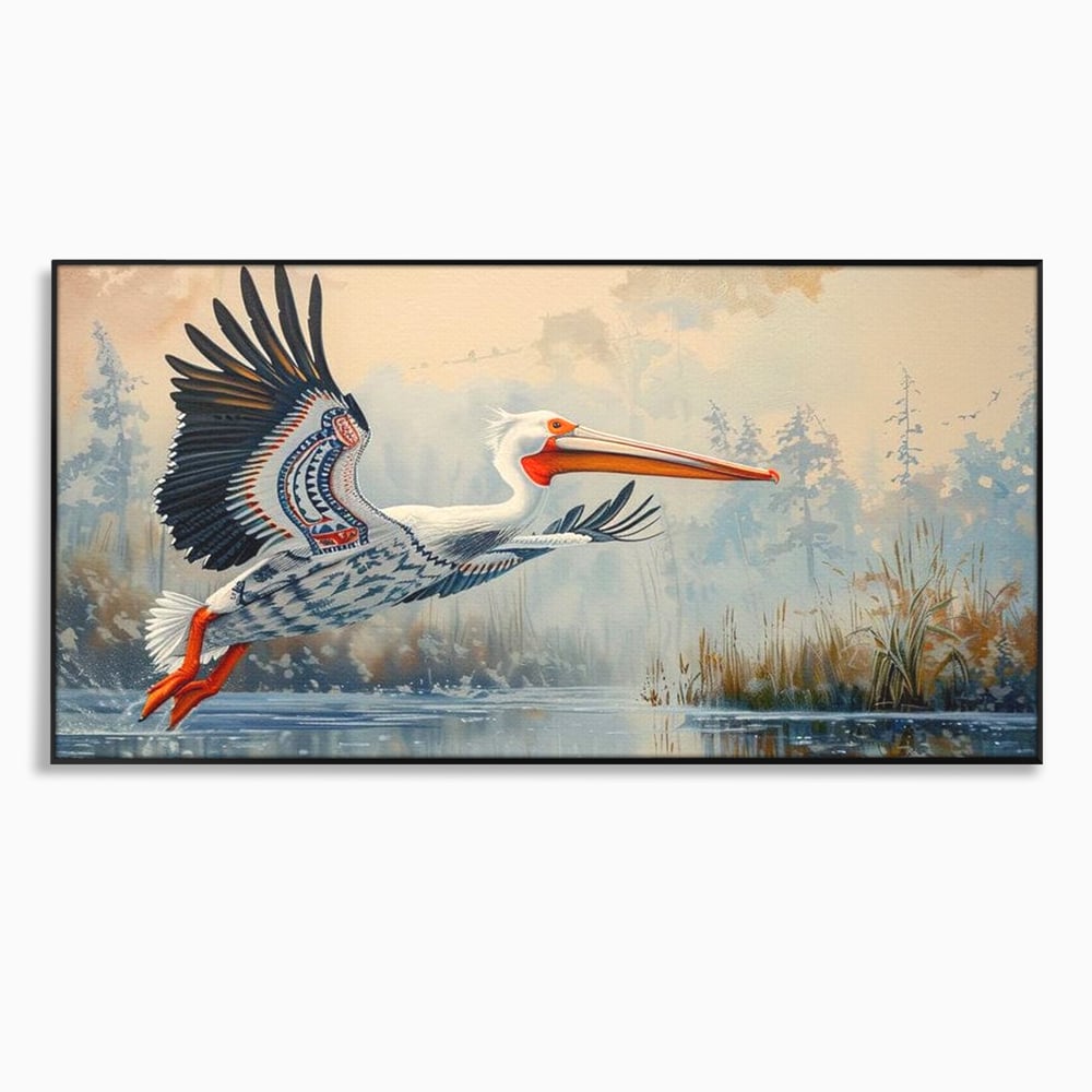 Tablou canvas cu tablou canvas cu pelican in zbor, in rama de aluminiu negru