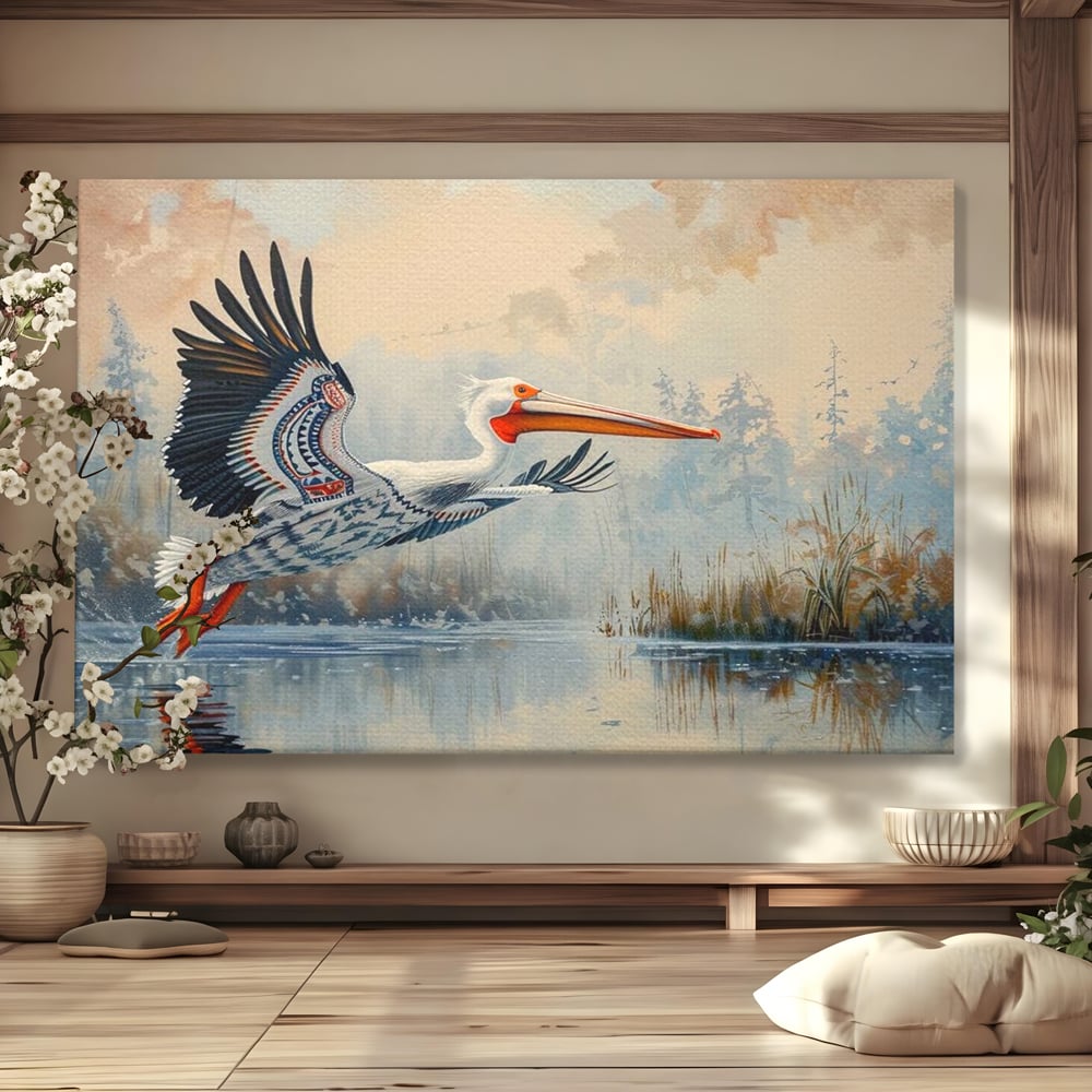 Tablou canvas cu tablou canvas cu pelican in zbor, fara rama, pe sasiu de lemn