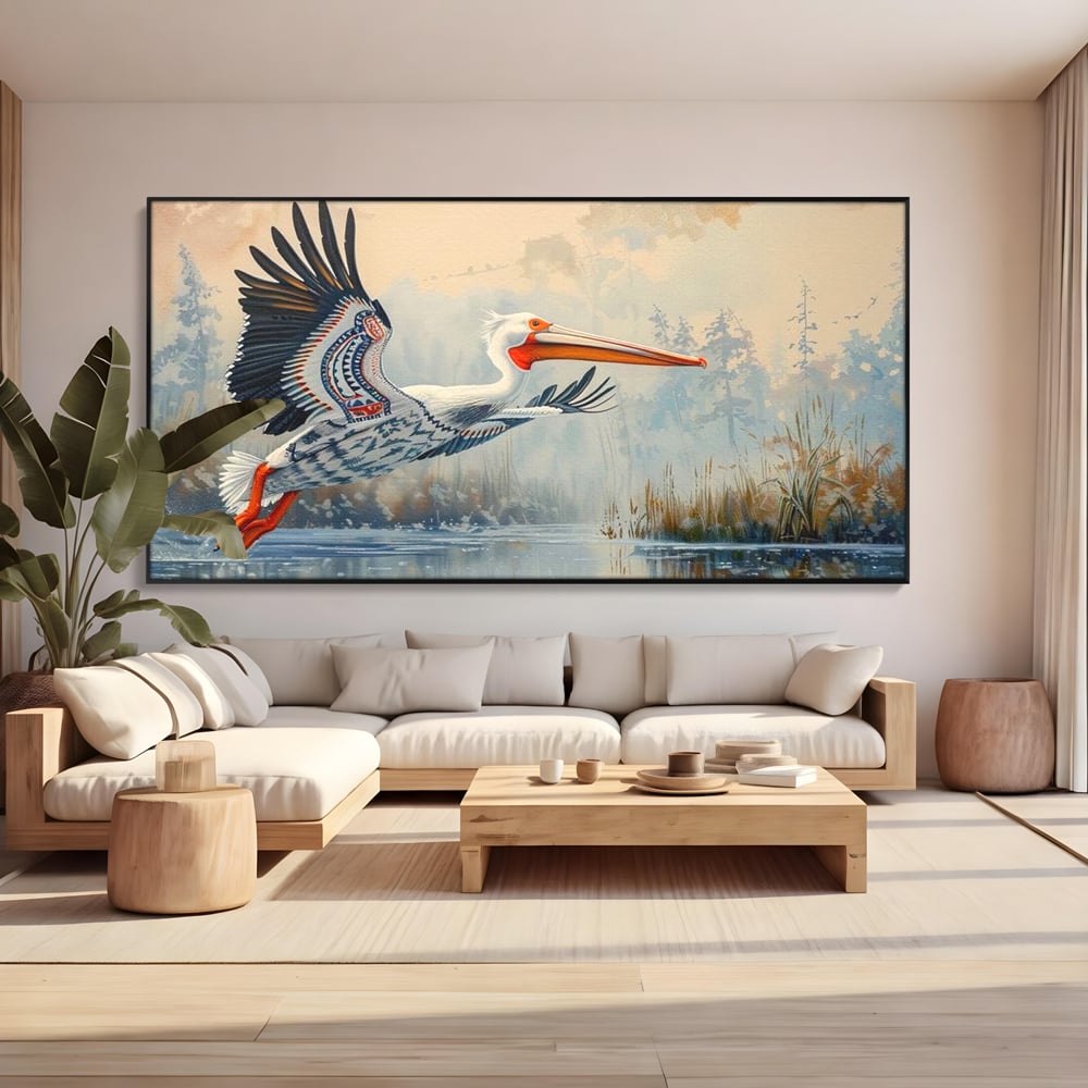 Tablou canvas cu tablou canvas cu pelican in zbor, in rama de aluminiu negru, pe perete intr-un living