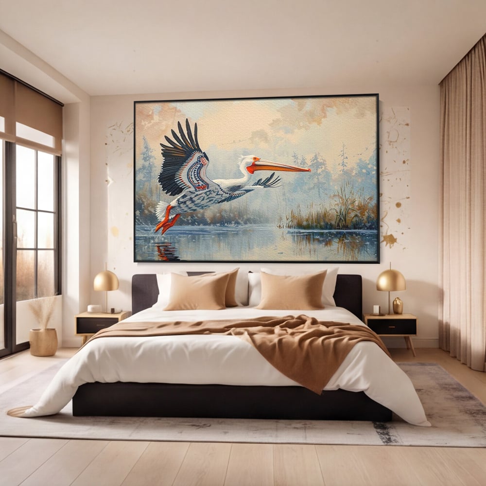 Tablou canvas cu tablou canvas cu pelican in zbor, in rama de aluminiu negru, pe perete intr-un dormitor