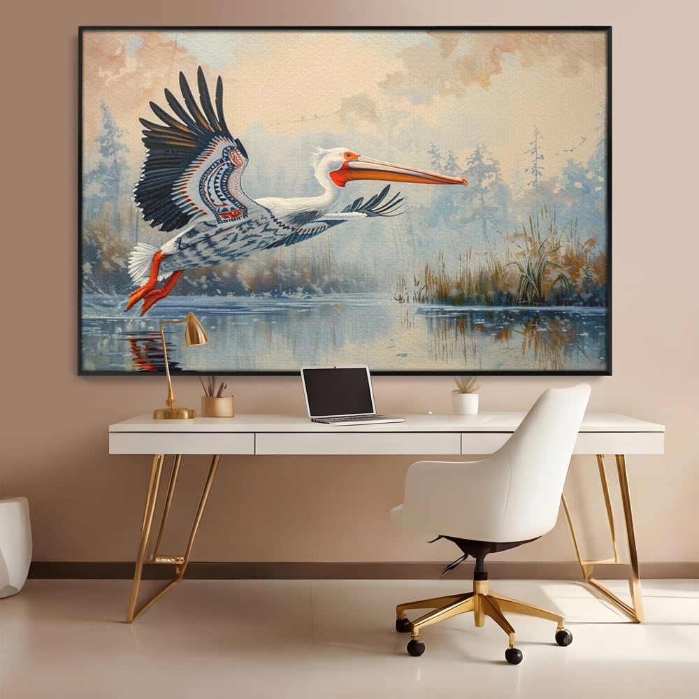 Tablou canvas cu tablou canvas cu pelican in zbor, in rama de aluminiu negru, pe perete intr-un birou