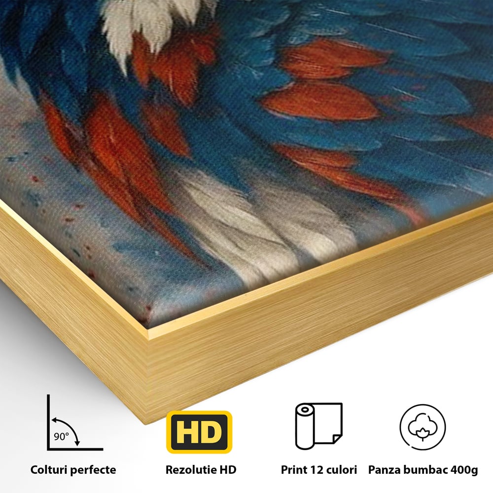 Detaliu al suprafetei: tablou canvas cu vultur american pictat, in rama de aluminiu auriu