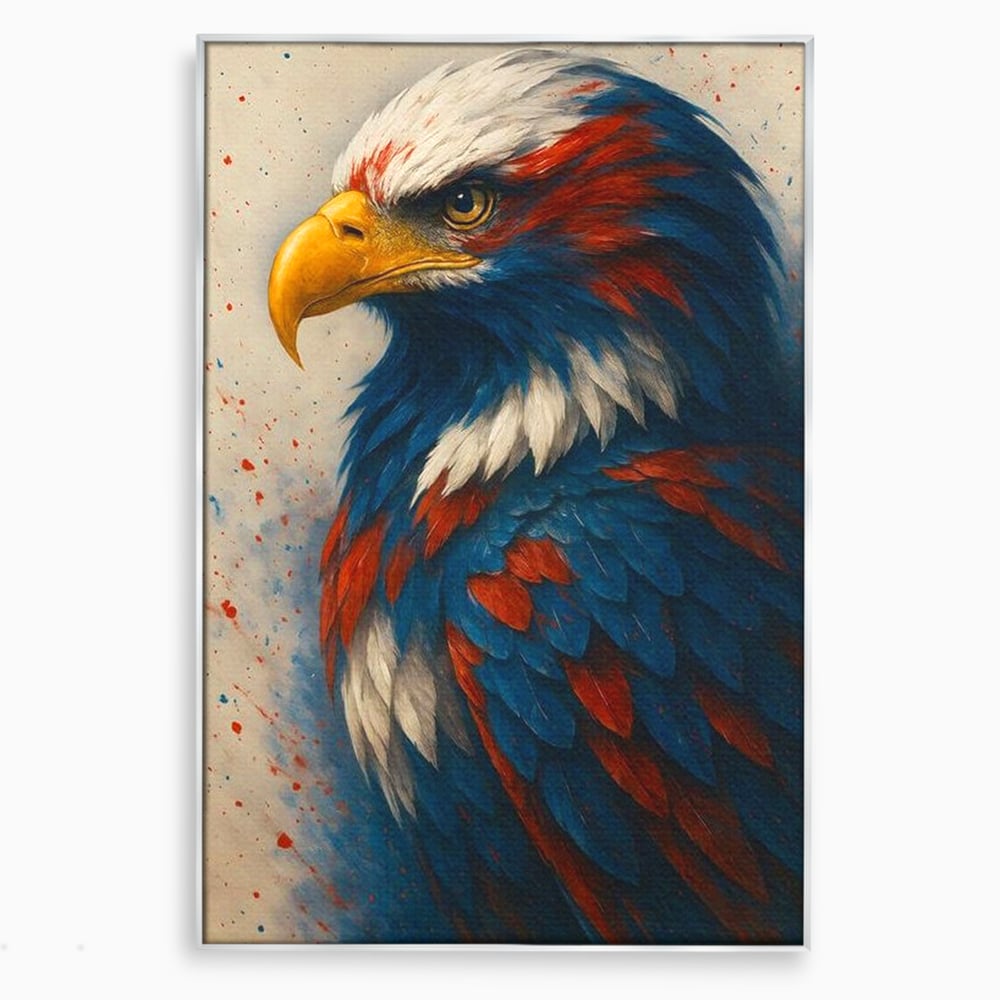 Tablou canvas cu tablou canvas cu vultur american pictat, in rama de aluminiu argintiu