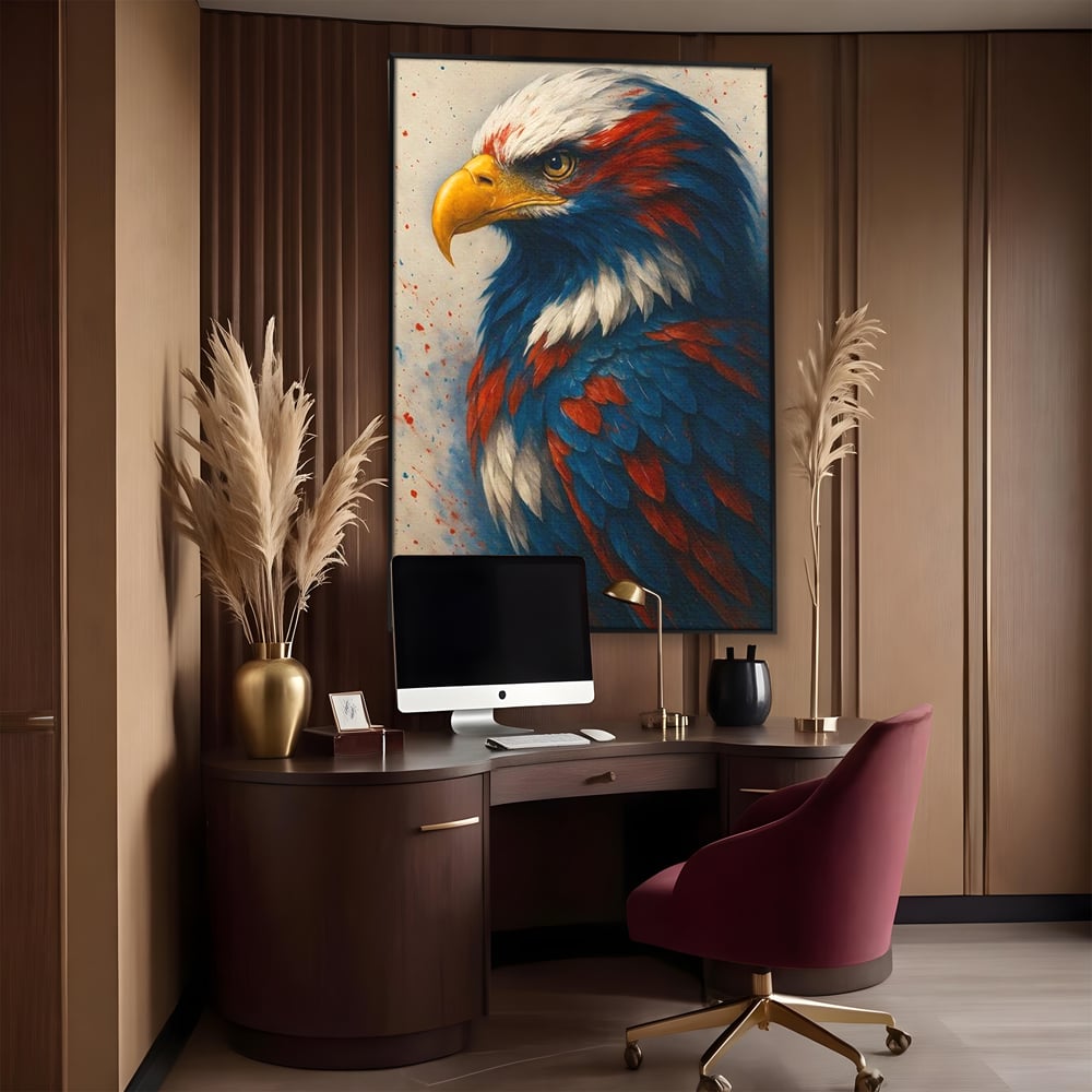 Tablou canvas cu tablou canvas cu vultur american pictat, in rama de aluminiu negru, pe perete intr-un birou
