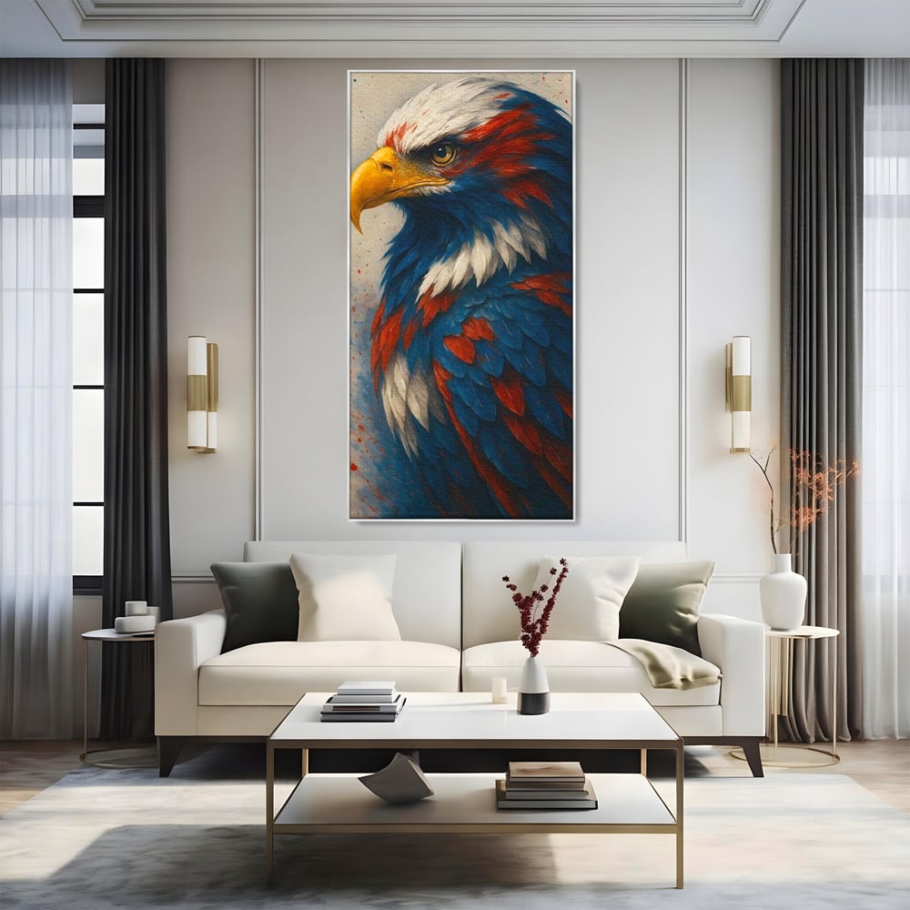 Tablou canvas cu tablou canvas cu vultur american pictat, in rama de aluminiu argintiu, pe perete intr-un living