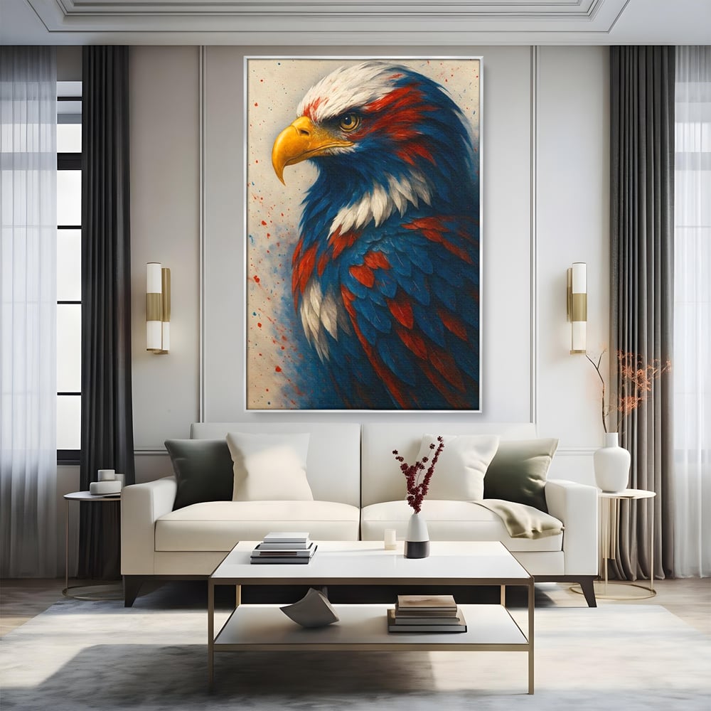 Tablou canvas cu tablou canvas cu vultur american pictat, in rama de aluminiu argintiu, pe perete intr-un living