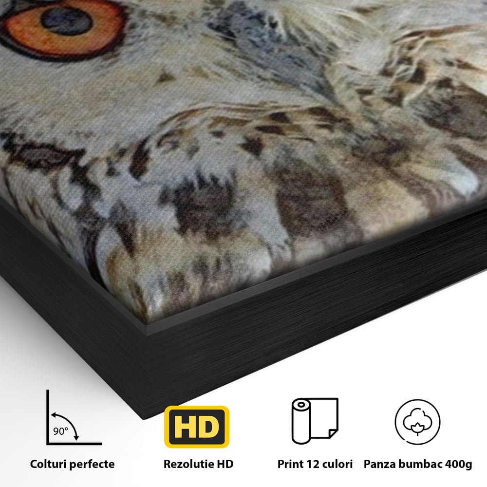 Detaliu al suprafetei: tablou canvas cu bufnita pictata, in rama de aluminiu negru