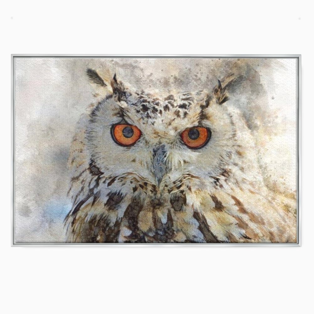 Tablou canvas cu tablou canvas cu bufnita pictata, in rama de aluminiu argintiu