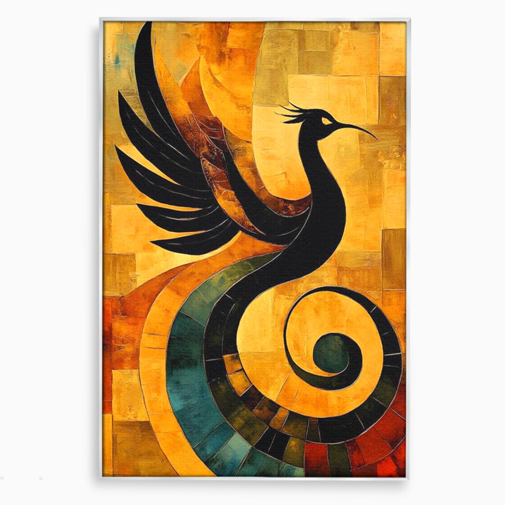 Tablou canvas cu tablou canvas cu pasare mitologica neagra, in rama de aluminiu argintiu