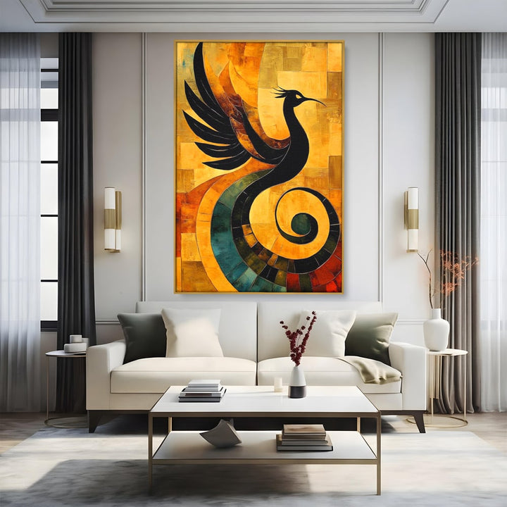 Tablou canvas cu tablou canvas cu pasare mitologica neagra, in rama de aluminiu auriu, pe perete intr-un living