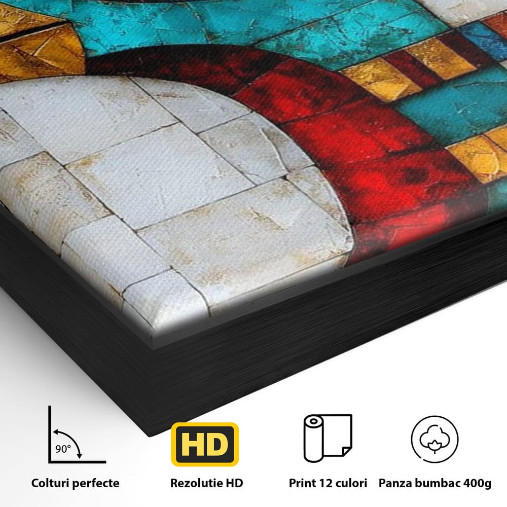 Detaliu al suprafetei: tablou canvas cu mozaic egiptean si ochiul lui horus, in rama de aluminiu negru