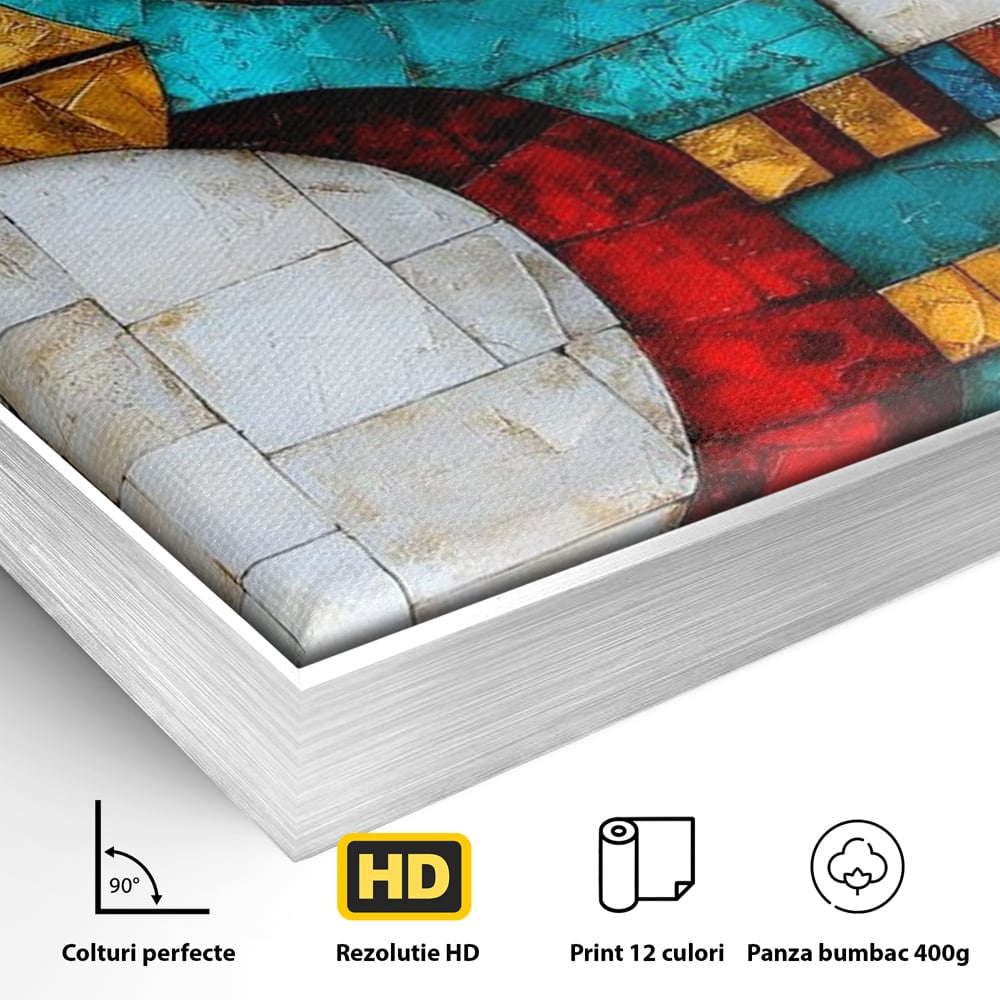 Detaliu al suprafetei: tablou canvas cu mozaic egiptean si ochiul lui horus, in rama de aluminiu argintiu