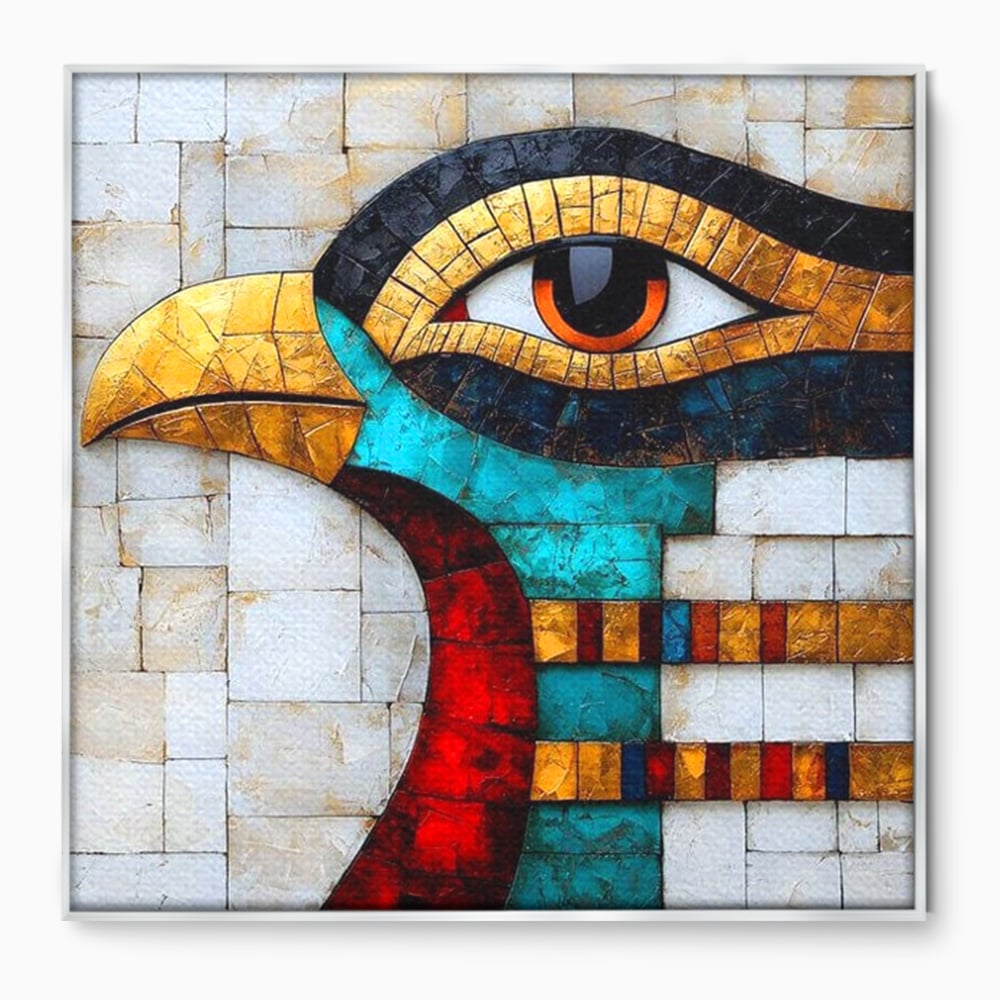 Tablou canvas cu tablou canvas cu mozaic egiptean si ochiul lui horus, in rama de aluminiu argintiu