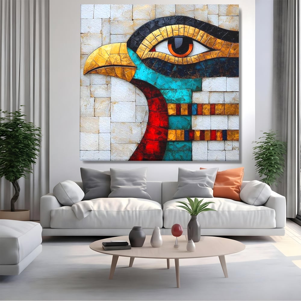Tablou canvas cu tablou canvas cu mozaic egiptean si ochiul lui horus, fara rama, pe sasiu de lemn, pe perete intr-un living
