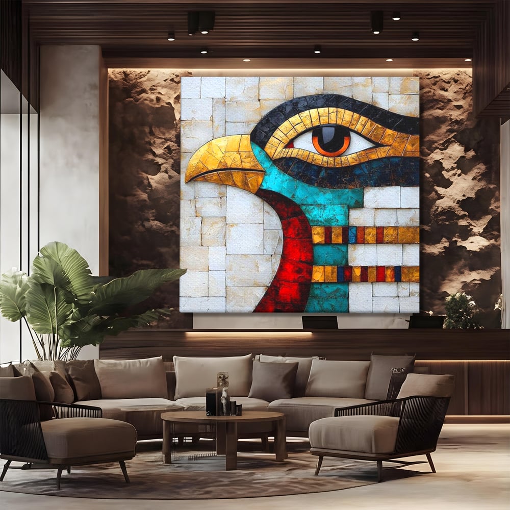 Tablou canvas cu tablou canvas cu mozaic egiptean si ochiul lui horus, fara rama, pe sasiu de lemn, pe perete intr-un birou