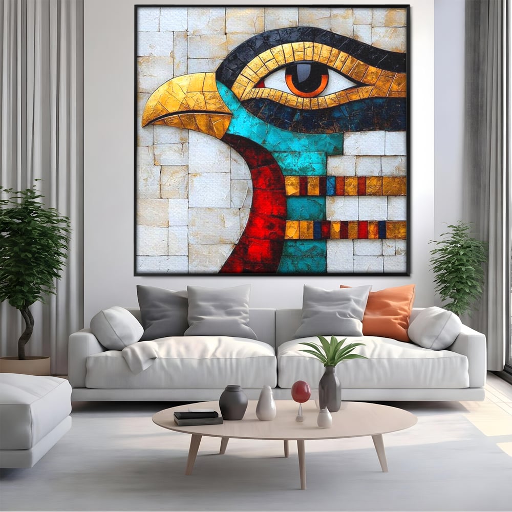 Tablou canvas cu tablou canvas cu mozaic egiptean si ochiul lui horus, in rama de aluminiu negru, pe perete intr-un living