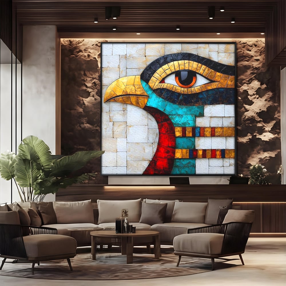 Tablou canvas cu tablou canvas cu mozaic egiptean si ochiul lui horus, in rama de aluminiu negru, pe perete intr-un birou