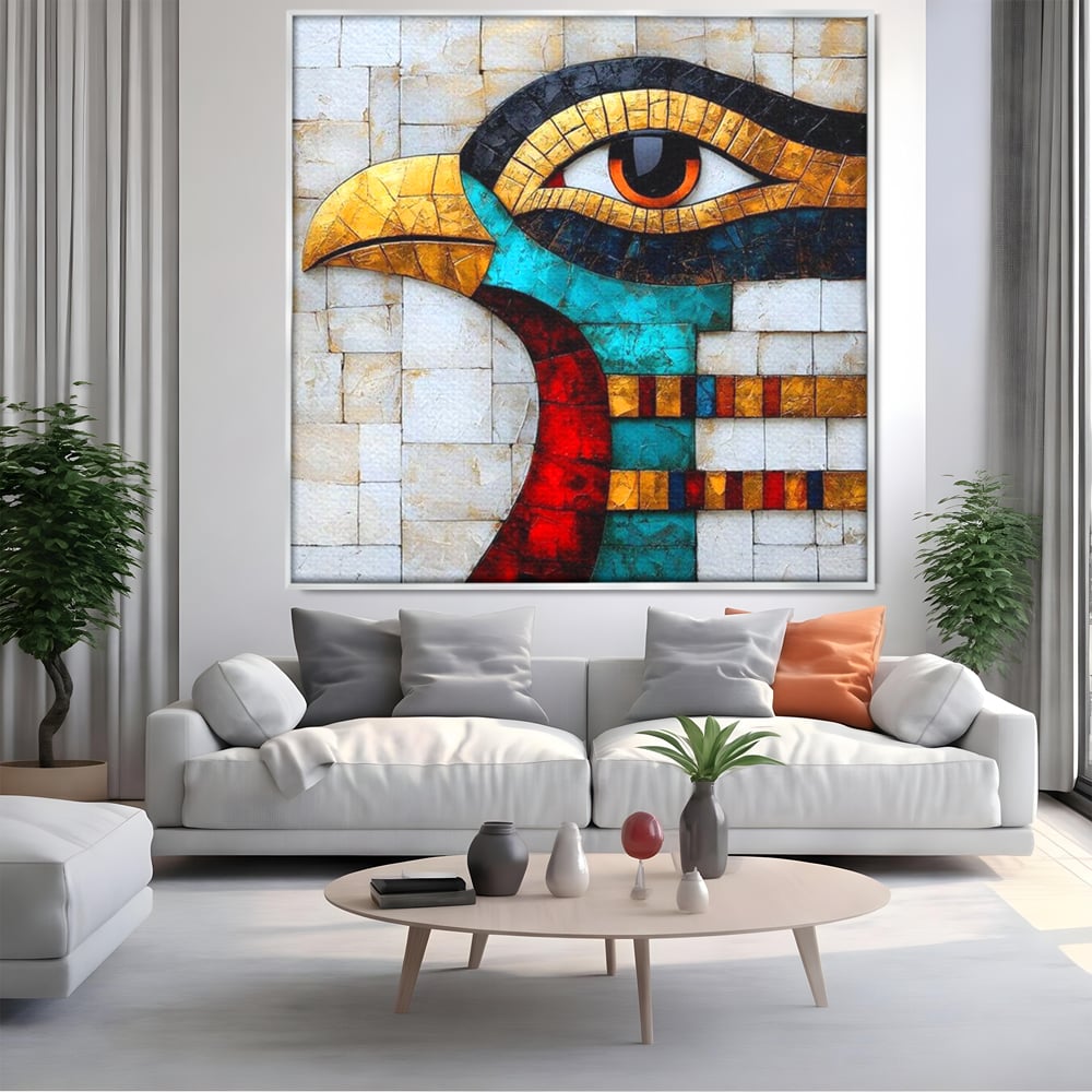 Tablou canvas cu tablou canvas cu mozaic egiptean si ochiul lui horus, in rama de aluminiu argintiu, pe perete intr-un living
