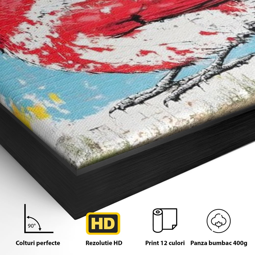 Detaliu al suprafetei: tablou canvas cu pasare cardinal pe perete de caramida, in rama de aluminiu negru