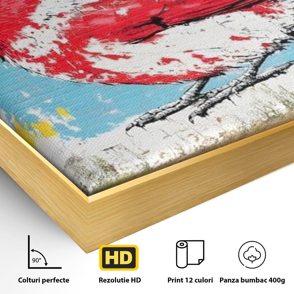 Detaliu al suprafetei: tablou canvas cu pasare cardinal pe perete de caramida, in rama de aluminiu auriu