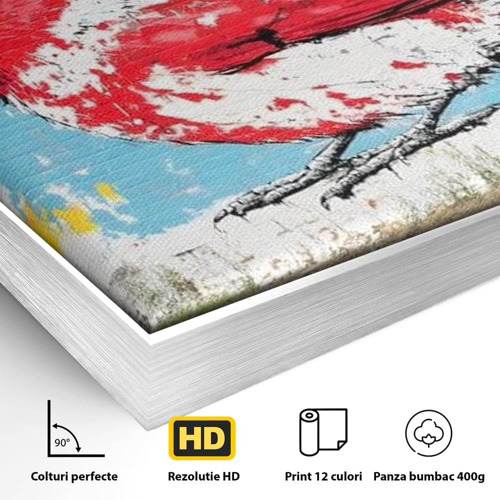 Detaliu al suprafetei: tablou canvas cu pasare cardinal pe perete de caramida, in rama de aluminiu argintiu