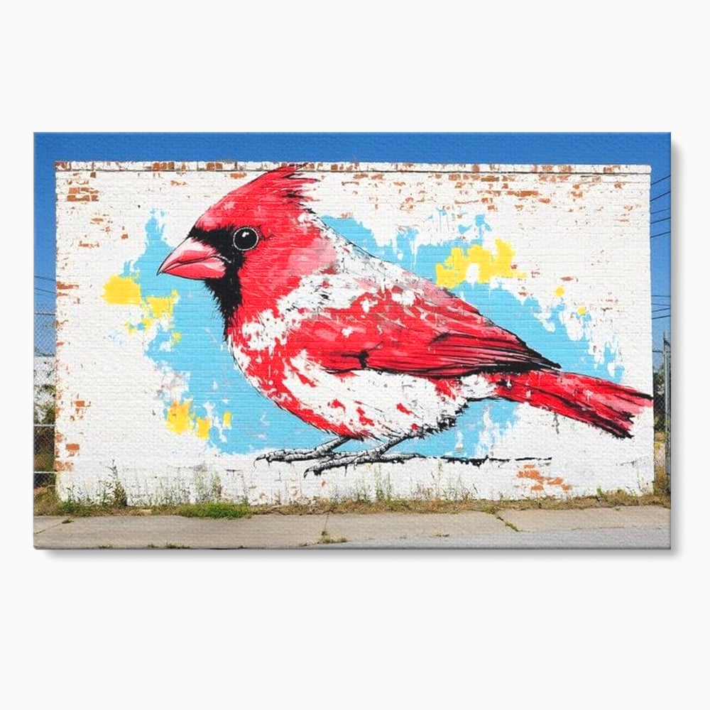 Tablou canvas cu tablou canvas cu pasare cardinal pe perete de caramida, fara rama, pe sasiu de lemn
