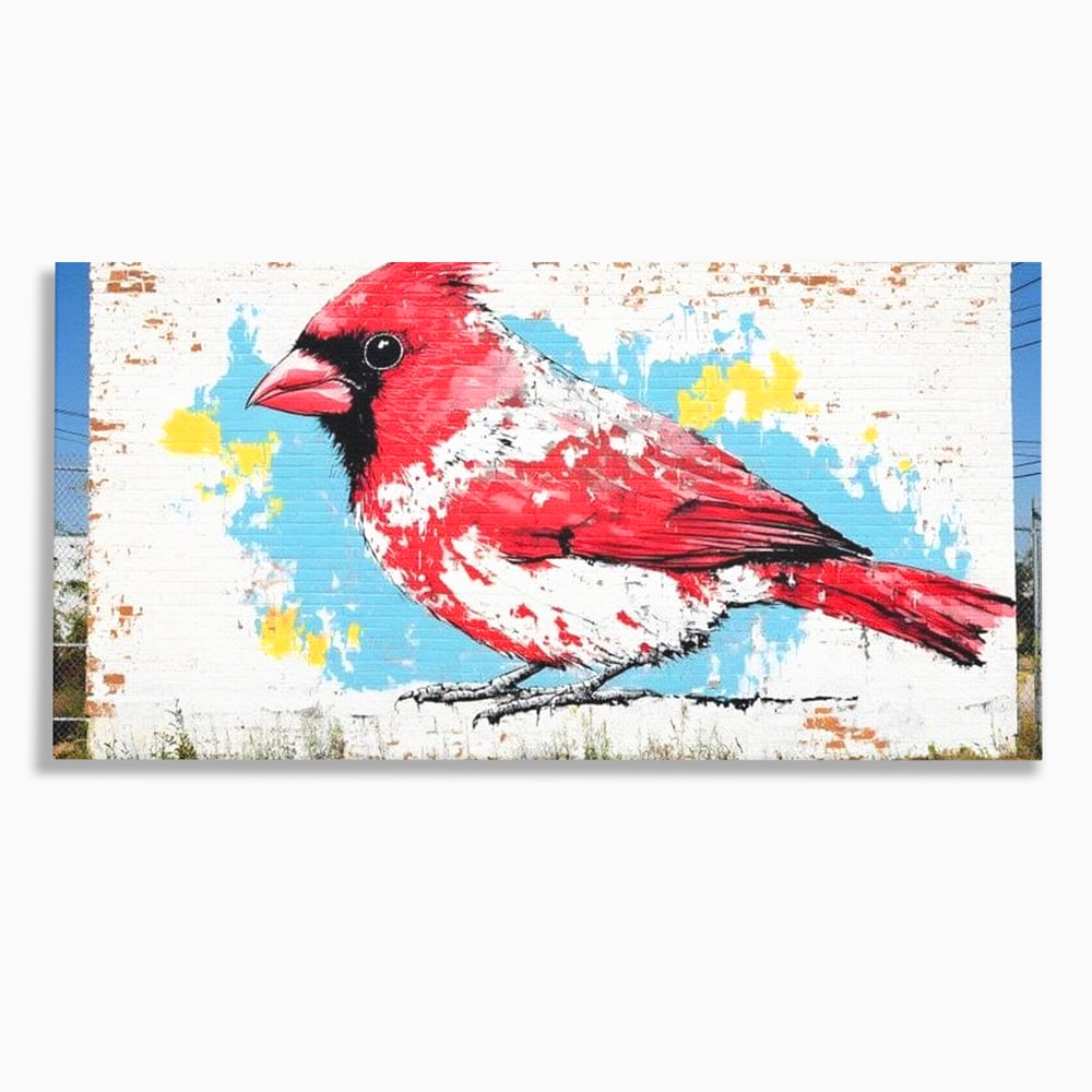 Tablou canvas cu tablou canvas cu pasare cardinal pe perete de caramida, fara rama, pe sasiu de lemn