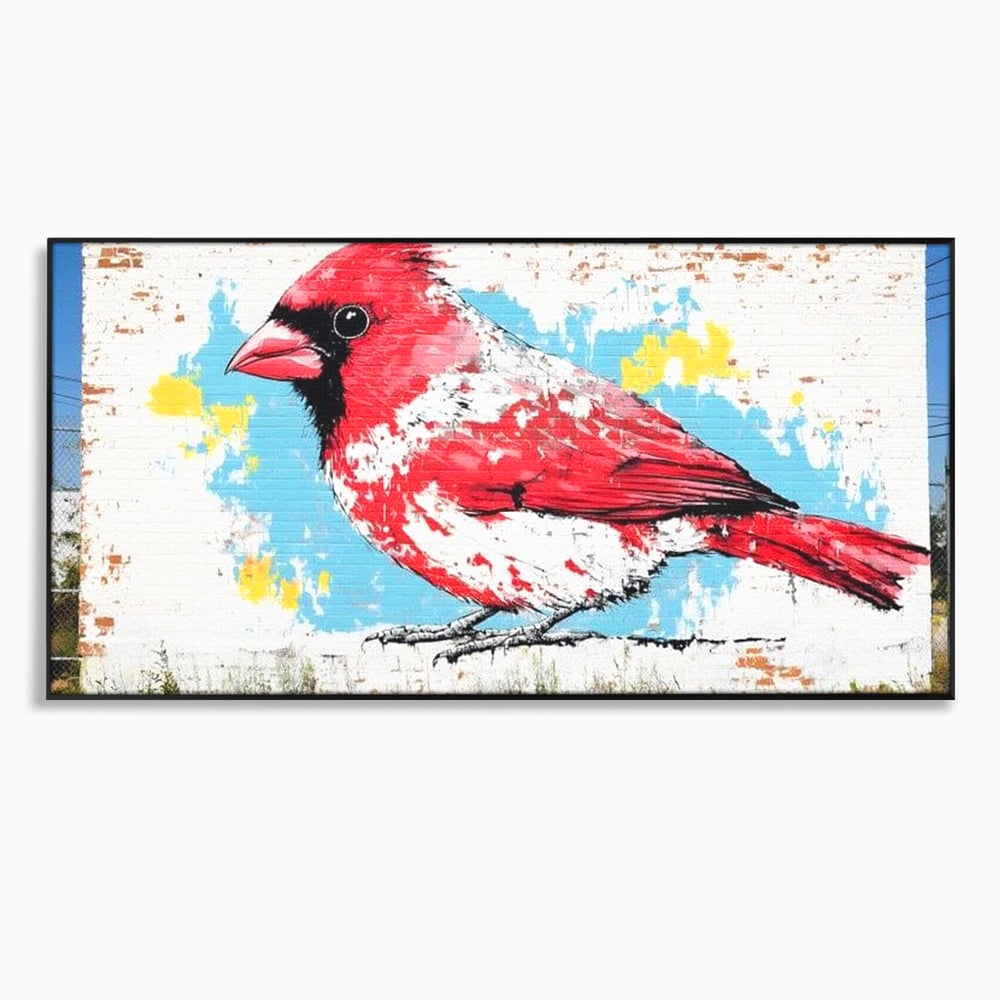 Tablou canvas cu tablou canvas cu pasare cardinal pe perete de caramida, in rama de aluminiu negru