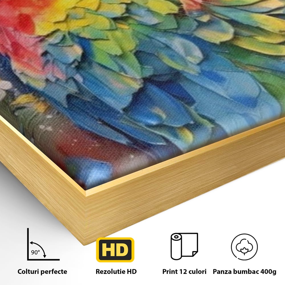 Detaliu al suprafetei: tablou canvas cu papagal colorat, in rama de aluminiu auriu