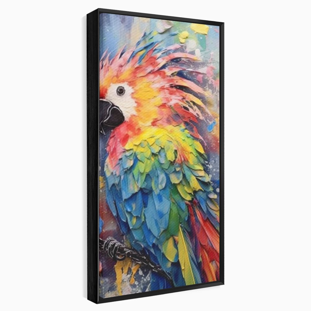 Tablou canvas cu tablou canvas cu papagal colorat, in rama de aluminiu negru