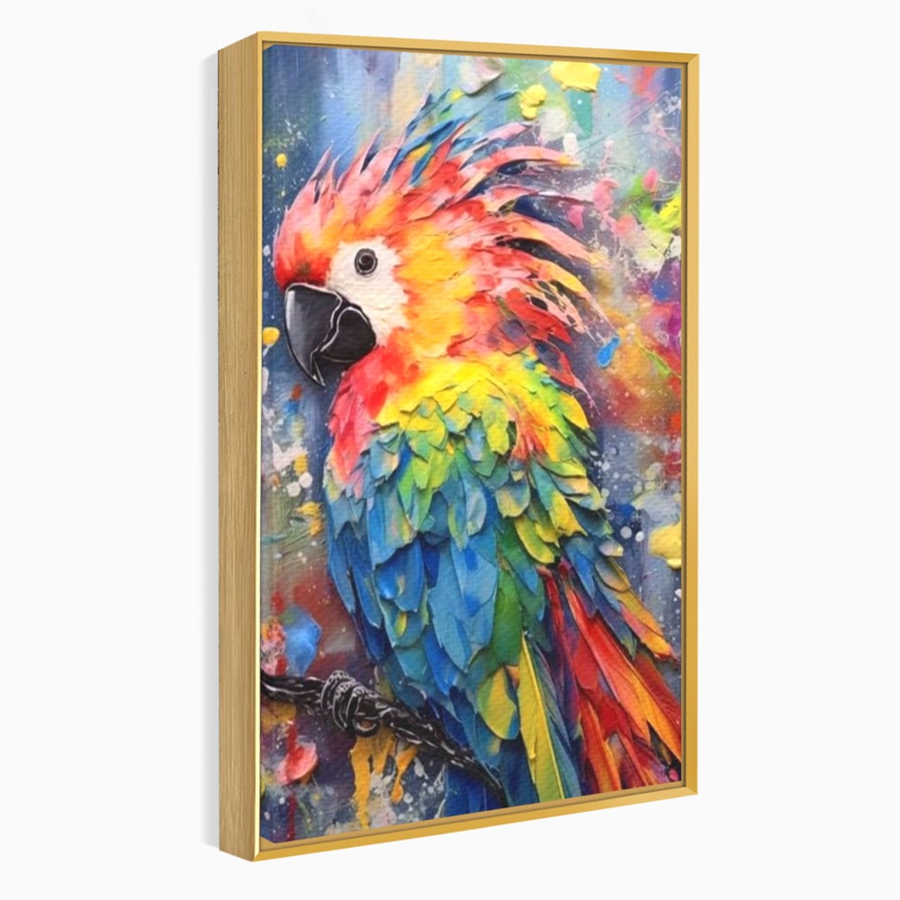 Tablou canvas cu tablou canvas cu papagal colorat, in rama de aluminiu auriu