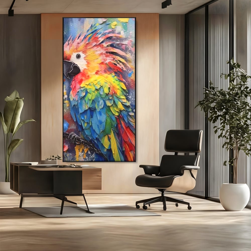 Tablou canvas cu tablou canvas cu papagal colorat, in rama de aluminiu negru, pe perete intr-un birou