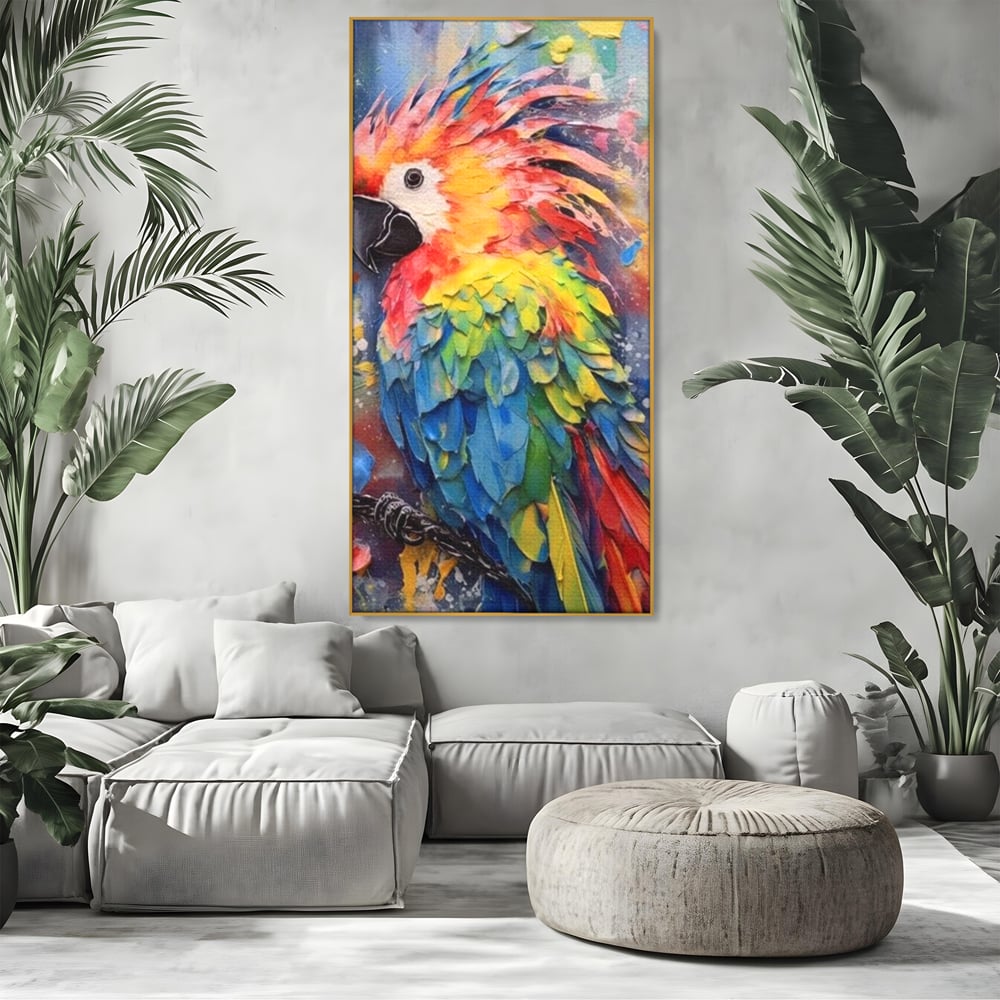 Tablou canvas cu tablou canvas cu papagal colorat, in rama de aluminiu auriu, pe perete intr-un living