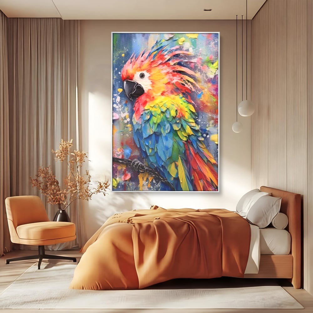 Tablou canvas cu tablou canvas cu papagal colorat, in rama de aluminiu argintiu, pe perete intr-un dormitor
