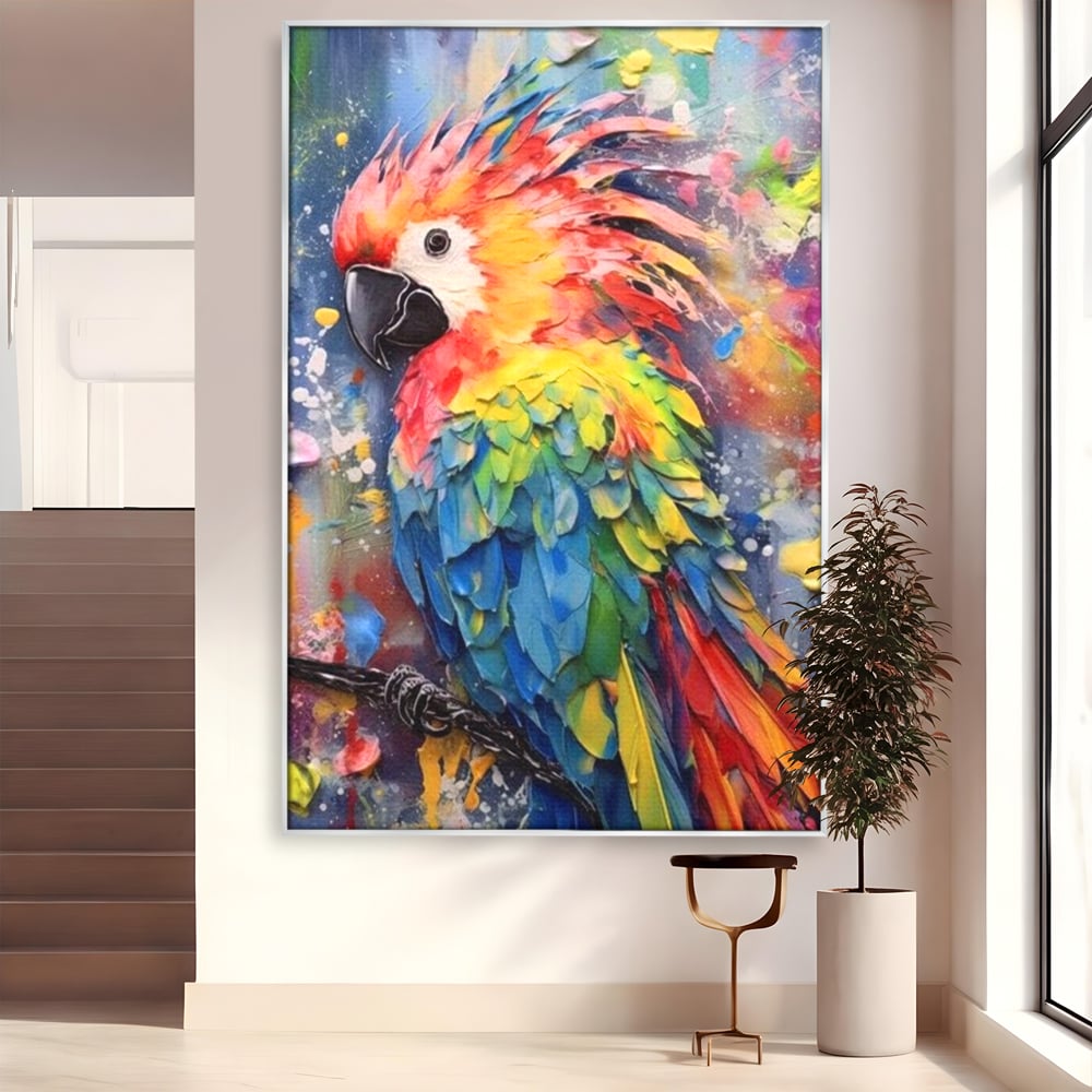 Tablou canvas cu tablou canvas cu papagal colorat, in rama de aluminiu argintiu