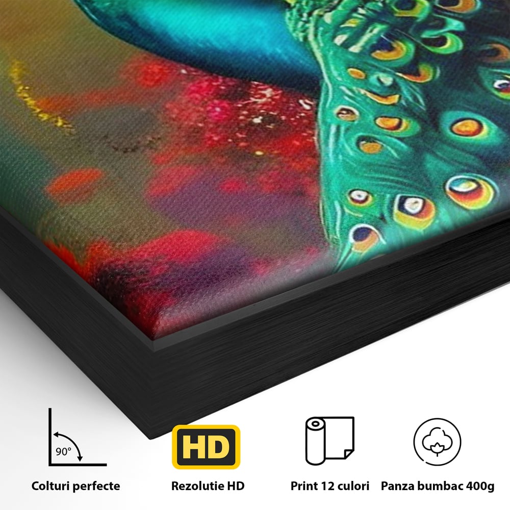 Detaliu al suprafetei: tablou canvas cu paun in profile, in rama de aluminiu negru