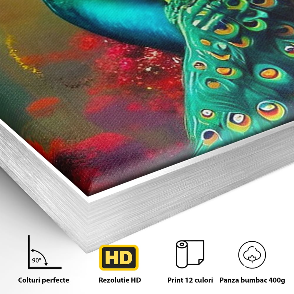 Detaliu al suprafetei: tablou canvas cu paun in profile, in rama de aluminiu argintiu