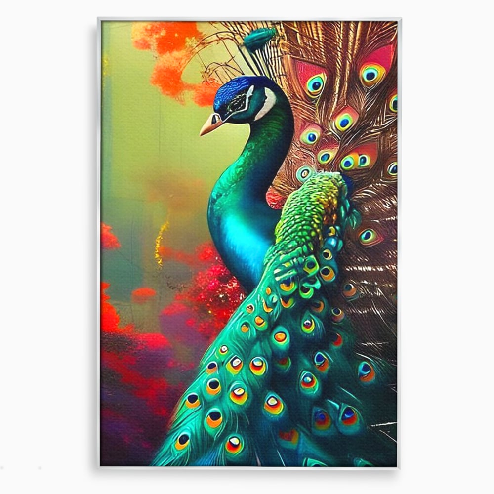 Tablou canvas cu tablou canvas cu paun in profile, in rama de aluminiu argintiu