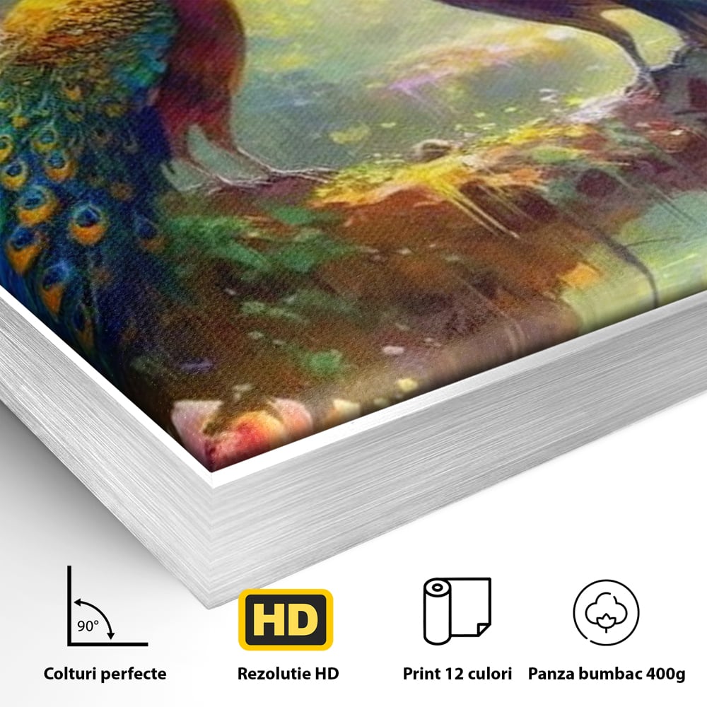 Detaliu al suprafetei: tablou canvas cu doi pauni colorati, in rama de aluminiu argintiu