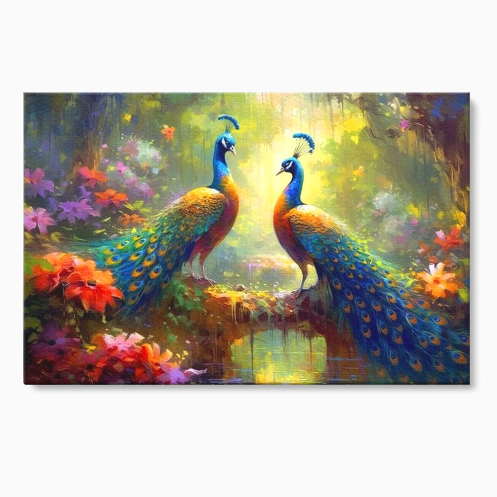 Tablou canvas cu tablou canvas cu doi pauni colorati, fara rama, pe sasiu de lemn
