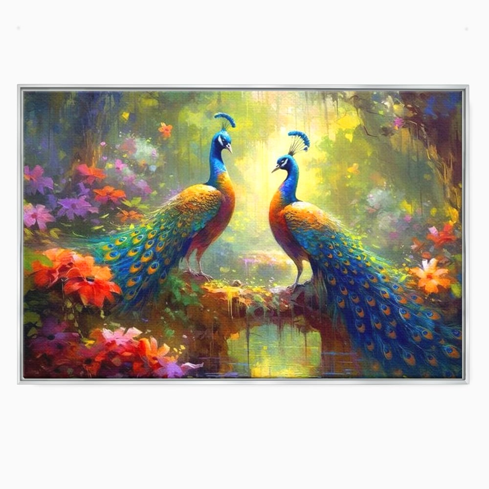 Tablou canvas cu tablou canvas cu doi pauni colorati, in rama de aluminiu argintiu