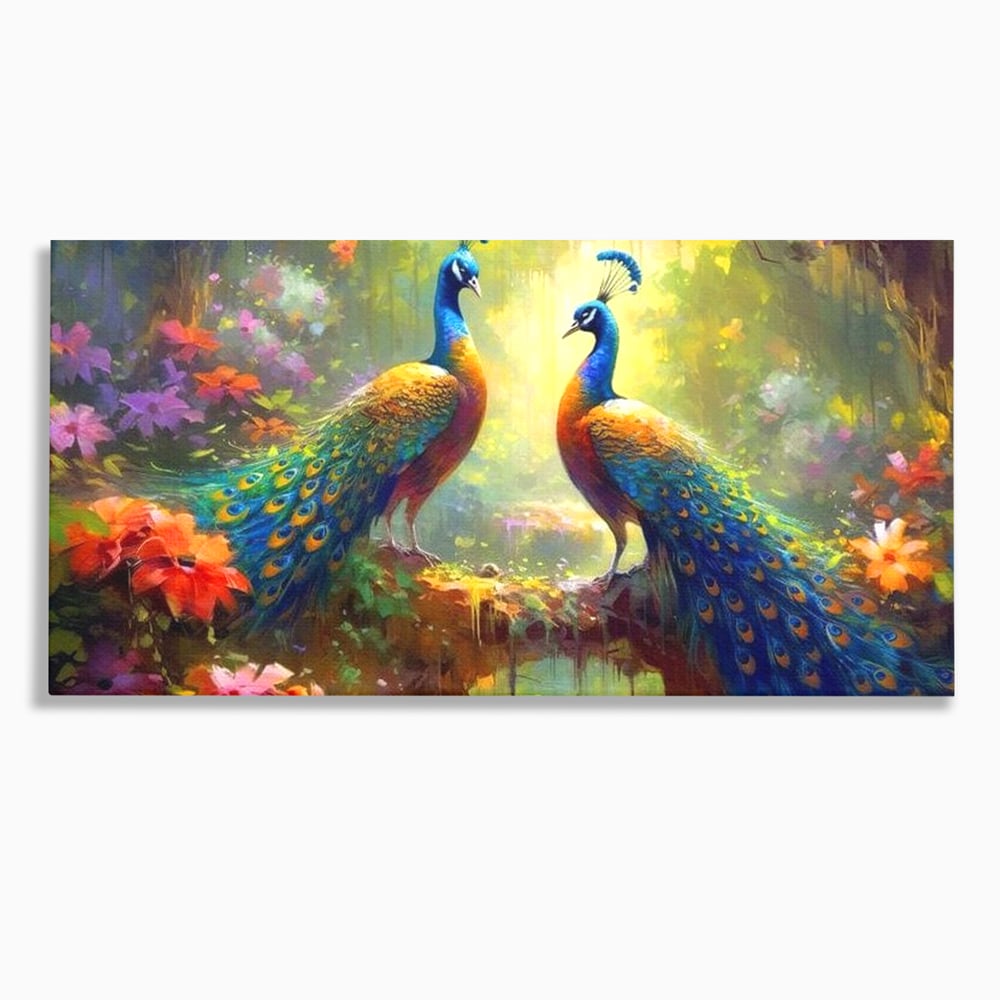 Tablou canvas cu tablou canvas cu doi pauni colorati, fara rama, pe sasiu de lemn