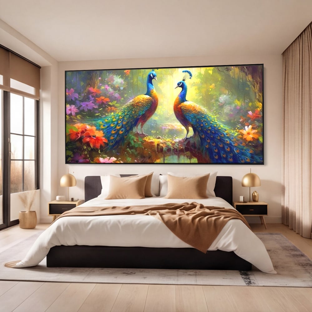Tablou canvas cu tablou canvas cu doi pauni colorati, in rama de aluminiu negru, pe perete intr-un dormitor