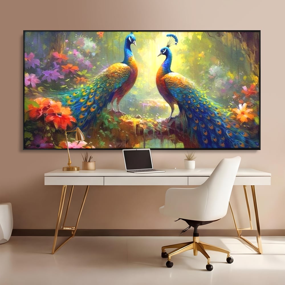 Tablou canvas cu tablou canvas cu doi pauni colorati, in rama de aluminiu negru, pe perete intr-un birou