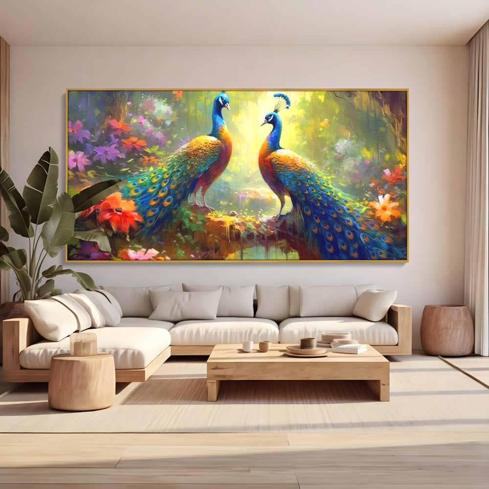 Tablou canvas cu tablou canvas cu doi pauni colorati, in rama de aluminiu auriu, pe perete intr-un living