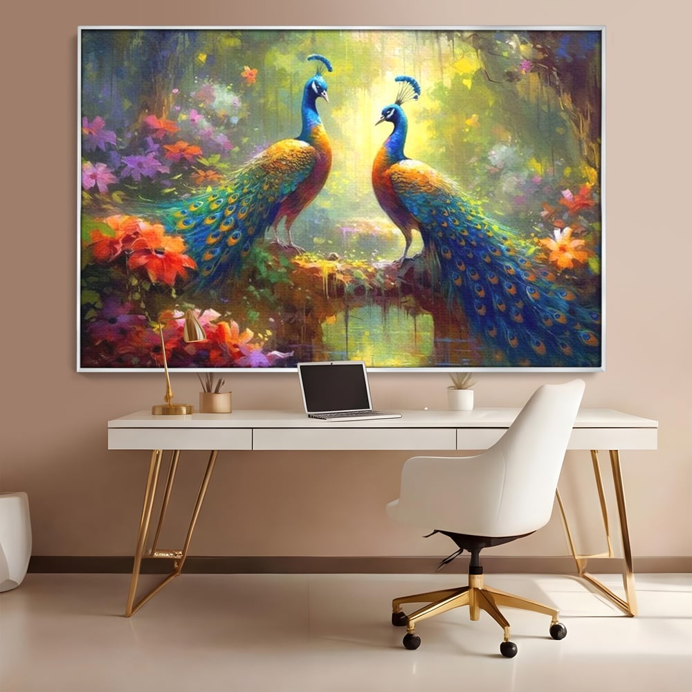 Tablou canvas cu tablou canvas cu doi pauni colorati, in rama de aluminiu argintiu, pe perete intr-un birou