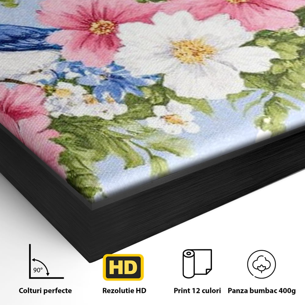 Detaliu al suprafetei: tablou canvas cu pasari si flori pastel, in rama de aluminiu negru